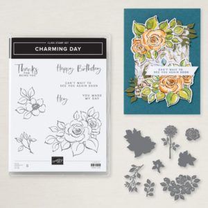 Charming Day Bundle by Stampin’ Up! including cling stamp set, coordinating dies, and a floral card sample featuring orange and green roses on a teal background.