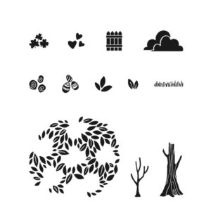 lack and white preview of Pick a Season stamp images showing leaves, trees, hearts, and other seasonal motifs