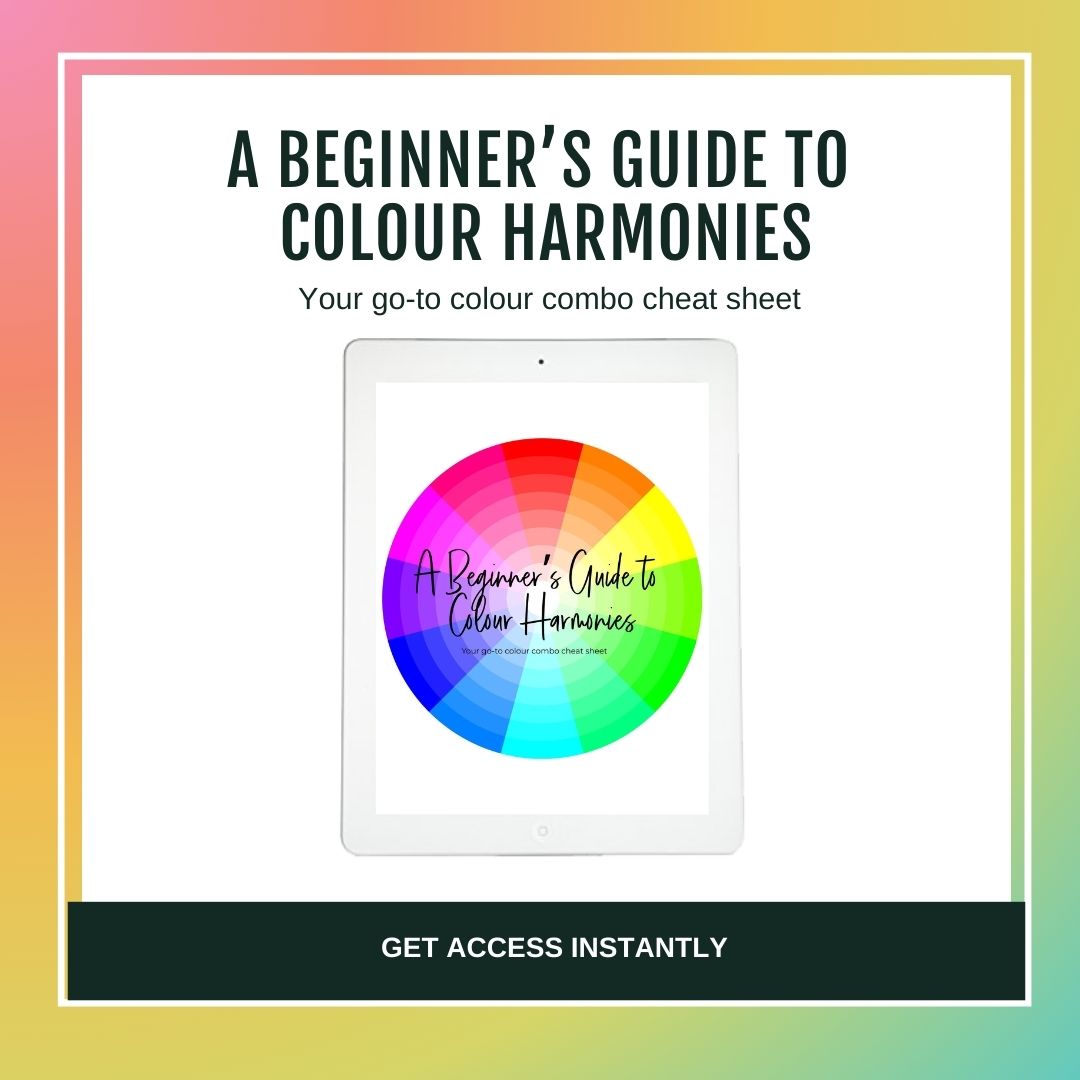 Tablet displaying a colourful wheel with the text “A Beginner’s Guide to Colour Harmonies” on a white background, framed by a gradient rainbow border. Promotional banner reads “Get Access Instantly.”