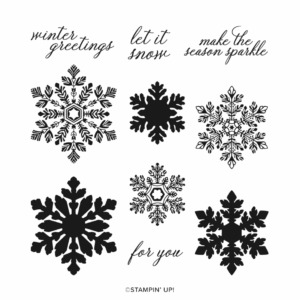 Sparkling Snowflakes stamp set design sheet with snowflake and sentiment images.