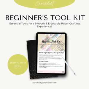 “Beginner’s Tool Kit checklist PDF displayed on tablet – essential tools for cardmaking beginners.”