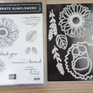 Celebrate Sunflowers stamp set and coordinating Sunflowers Dies displayed on a wooden background.