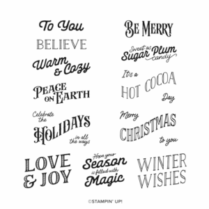Front cover of the Christmas Labels Stamp Set displaying all 12 holiday sentiment designs.