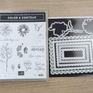 Color & Contour stamp set and Scalloped Contours Dies displayed together on a wooden surface.
