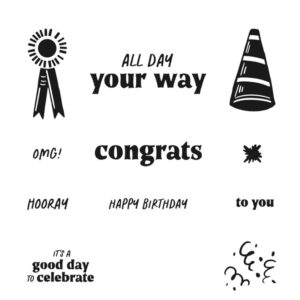 Day to Celebrate Stamp Set by Stampin’ Up! showing 11 photopolymer stamps with birthday and celebration sentiments and images