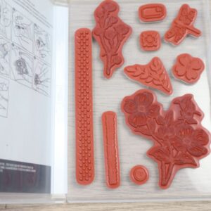 Detailed Dogwood cling stamps inside case showing all 10 red rubber stamps.