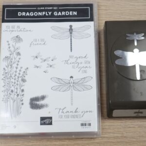 Used Dragonfly Garden stamp set and Dragonflies Punch displayed together on a wooden table.
