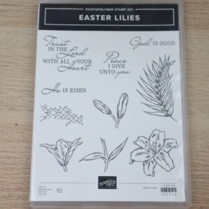 Easter Lilies photopolymer stamp set case showing floral images and Christian sentiments.