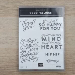 Stampin’ Up! Good Feelings cling stamp set case showing six large sentiment designs.