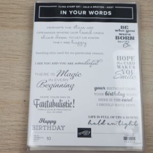 In Your Words Stampin’ Up! cling stamp set case showing all 10 sentiments on the cover sheet.