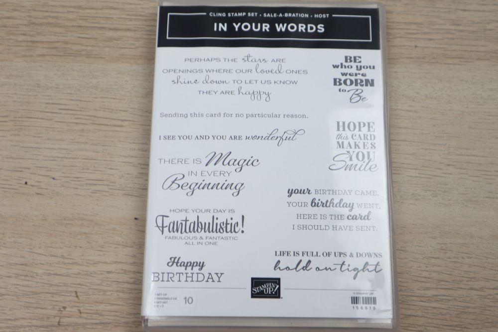 In Your Words Stampin’ Up! cling stamp set case showing all 10 sentiments on the cover sheet.