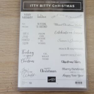 Itty Bitty Christmas Stamp Set by Stampin’ Up! showing 18 Christmas sentiment stamps in the case.