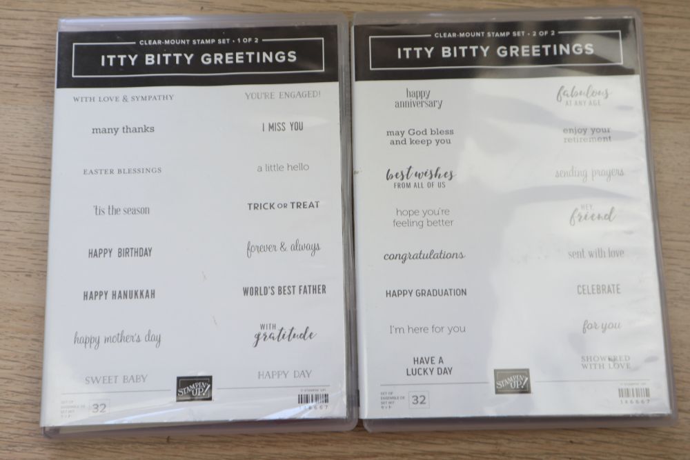 Itty Bitty Greetings stamp set – red rubber stamp sheet showing multiple small sentiment stamps.