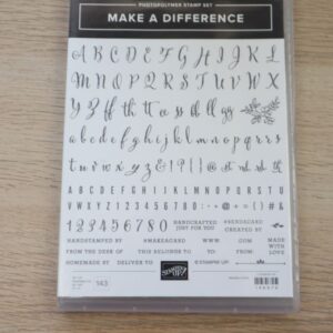 Stampin’ Up! Make a Difference photopolymer stamp set in storage case showing script alphabet, block alphabet, numbers and Angel Policy stamps.