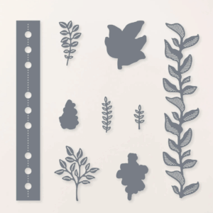 Notes of Nature Dies displayed on a light background, showing leaves, sprigs, stitched border and coordinating outline dies.