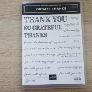 Ornate Thanks photopolymer stamp set with 19 thank-you themed sentiments.