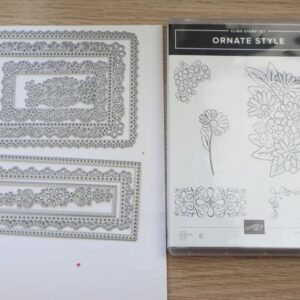Ornate Style Stamp Set and Ornate Layers Dies displayed together on a desk