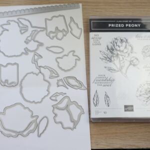 Prized Peony dies shown next to the coordinating cling stamp set case.