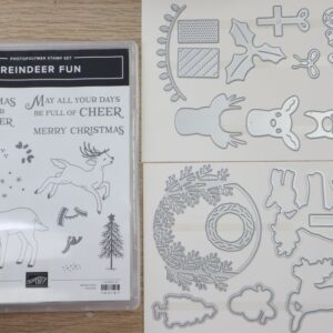 Reindeer Fun stamp set and coordinating dies displayed together on a tabletop.
