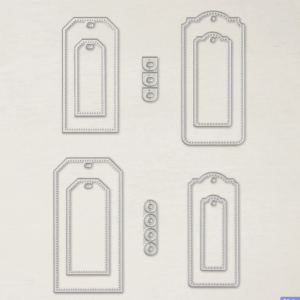 Tailor Made Tags Dies laid out individually showing stitched detailing