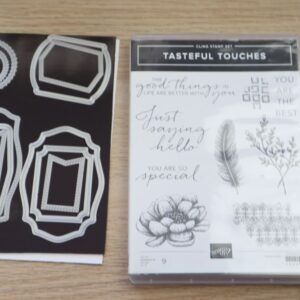 Tasteful Touches bundle with dies and stamp set displayed on a wooden surface