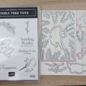 Winterly Tree Tops cling stamp set shown beside the coordinating dies for the complete retired bundle.
