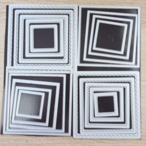 Layering Squares Dies set arranged on magnetic boards showing multiple nested straight and scalloped square dies.