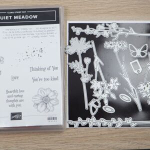 Quiet Meadow stamp set displayed next to coordinating Meadow Dies.