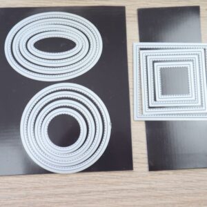 Stitched Shapes Dies set including nested circles, ovals, and squares displayed on black magnetic sheets.